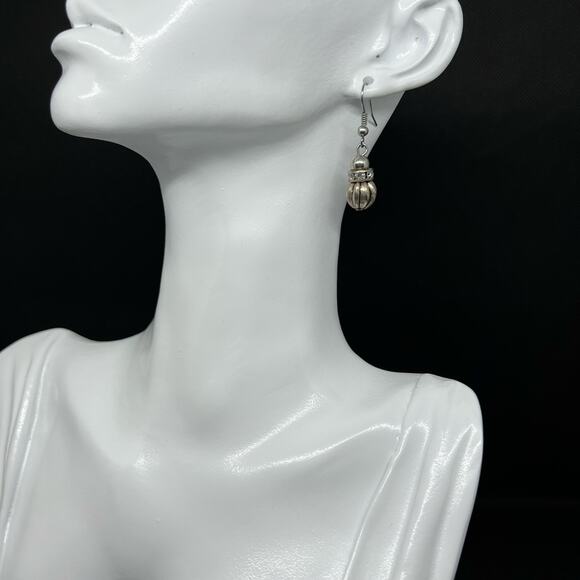 Gunmetal Gray Ribbed Bead Drop Earrings Dark Silver Gothic Industrial Style - Picture 1 of 9